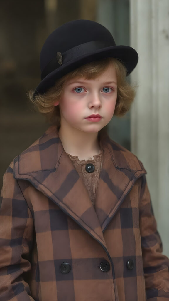 a wonderfully (((detailed painted scene))), portraying a youthful girl in the 1930s, dressed in a long, luxurious (((coat with a classic pied de poule pattern))), paired with a diminutive, yet opulent (((velvet black hat))), exuding a playful whimsy that is accented by vivid pastel tones that bring each intricate detail into sharp relief, achieving a stunning (8K resolution) that is both crisp and clear, capturing a level of realism that is truly endearing