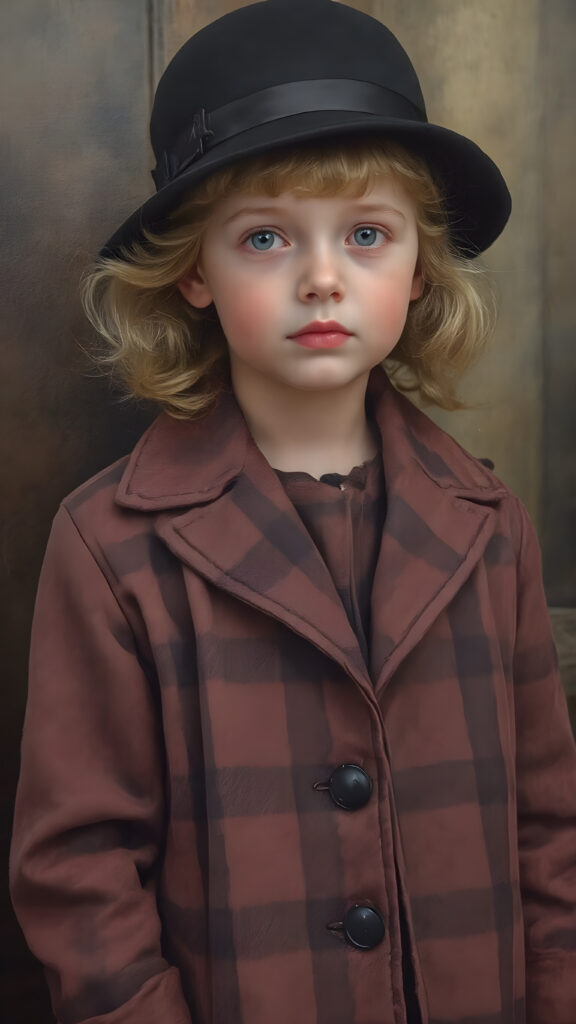 a wonderfully (((detailed painted scene))), portraying a youthful girl in the 1930s, dressed in a long, luxurious (((coat with a classic pied de poule pattern))), paired with a diminutive, yet opulent (((velvet black hat))), exuding a playful whimsy that is accented by vivid pastel tones that bring each intricate detail into sharp relief, achieving a stunning (8K resolution) that is both crisp and clear, capturing a level of realism that is truly endearing