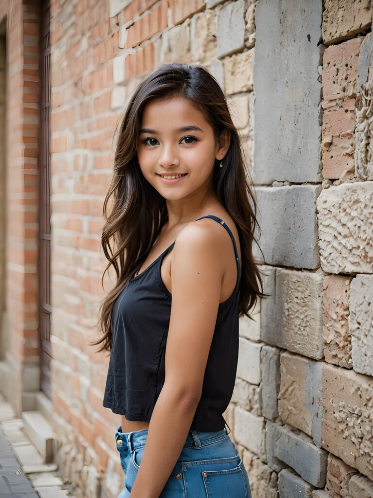 a young Exotic teen girl stands in front of a wall and looks at the viewer. She has long hair and deep black eyes, warm smile, very happy, she is very thin and short dressed in a cropped tank top, ((stunning)) ((gorgeous)) ((upper body portrait))