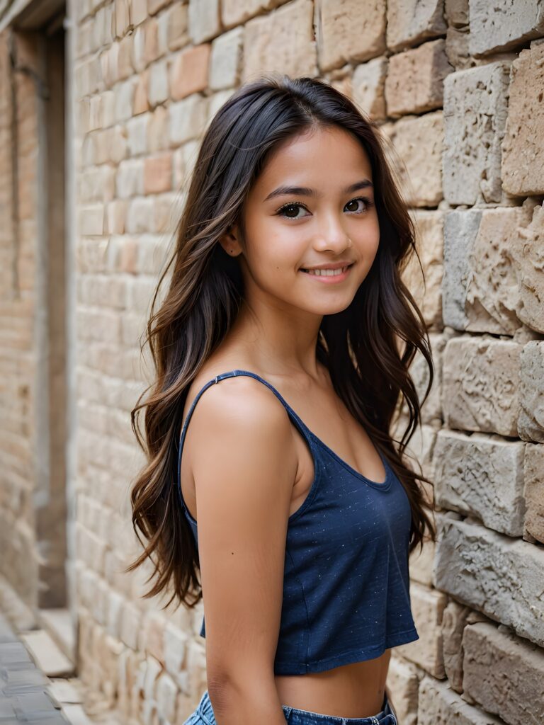 a young Exotic teen girl stands in front of a wall and looks at the viewer. She has long hair and deep black eyes, warm smile, very happy, she is very thin and short dressed in a cropped tank top, ((stunning)) ((gorgeous)) ((upper body portrait))