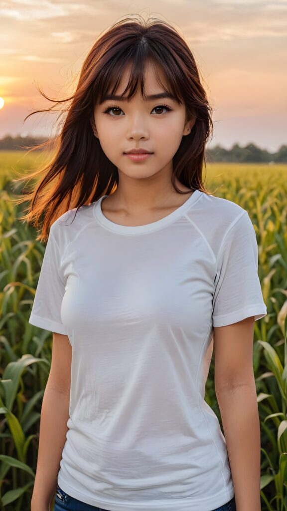 a young Filipino teen girl, 15 years old, detailed hair, bangs, white short tight t-shirt, perfect curved body, ultra realistic face, realistic amber eyes, detailed maroon straight hair, a photo with beautiful saturation, ultra high resolution, stands in a field, sunset in the background, ((full body view)) ((cute)) ((beautiful)) ((female model)) ((stunning)) (upper body)