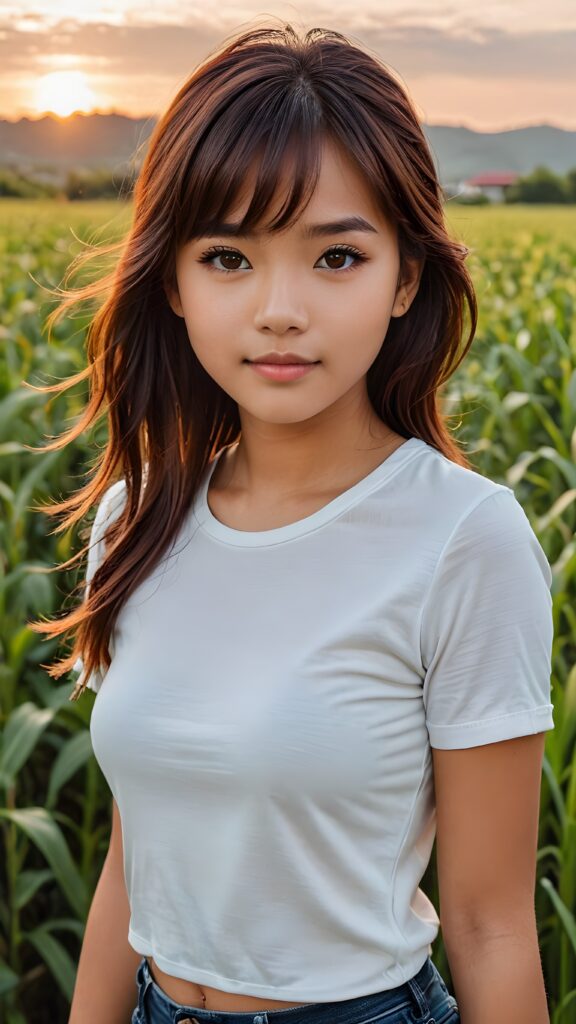 a young Filipino teen girl, 15 years old, detailed hair, bangs, white short tight t-shirt, perfect curved body, ultra realistic face, realistic amber eyes, detailed maroon straight hair, a photo with beautiful saturation, ultra high resolution, stands in a field, sunset in the background, ((full body view)) ((cute)) ((beautiful)) ((female model)) ((stunning)) (upper body)