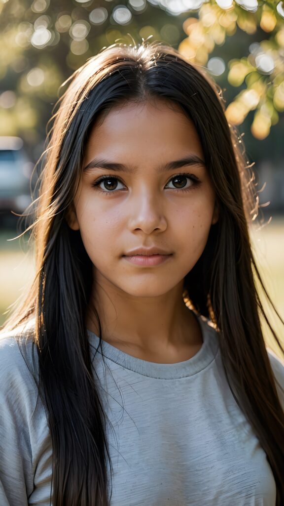 a (((young Indigenous teen girl))) with long, soft flowing, (((straight hair))), and (((deeply dark eyes))), her gaze directed towards the viewer, her features exuding an air of (((stunning beauty))) and (((unfading grace))), she wears a grey short, thin t-shirt