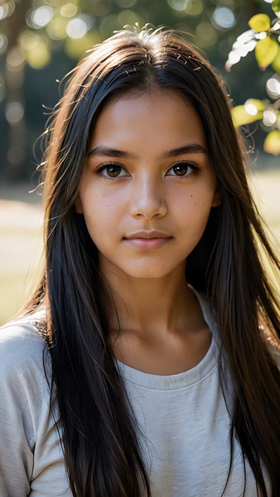 a (((young Indigenous teen girl))) with long, soft flowing, (((straight hair))), and (((deeply dark eyes))), her gaze directed towards the viewer, her features exuding an air of (((stunning beauty))) and (((unfading grace))), she wears a grey short, thin t-shirt