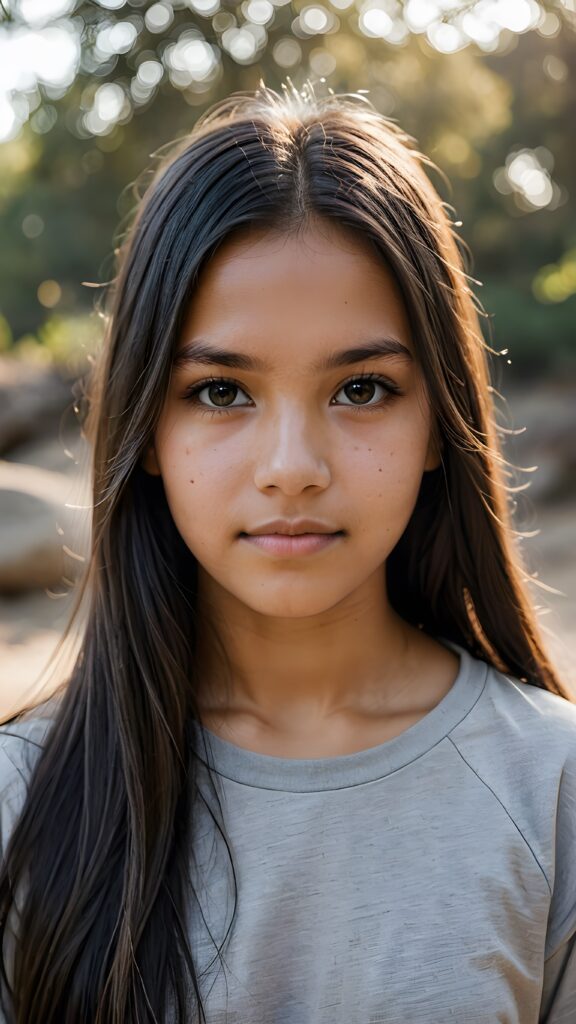 a (((young Indigenous teen girl))) with long, soft flowing, (((straight hair))), and (((deeply dark eyes))), her gaze directed towards the viewer, her features exuding an air of (((stunning beauty))) and (((unfading grace))), she wears a grey short, thin t-shirt