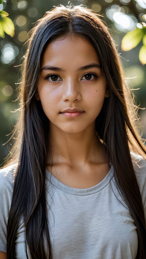 a (((young Indigenous teen girl))) with long, soft flowing, (((straight hair))), and (((deeply dark eyes))), her gaze directed towards the viewer, her features exuding an air of (((stunning beauty))) and (((unfading grace))), she wears a grey short, thin t-shirt