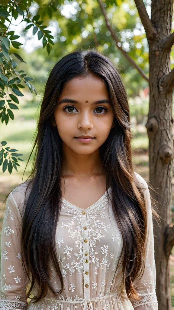 a young Indian teen girl stands in front of a tree and looks at the viewer, she has long straight soft hair and deep black eyes, ((stunning)) ((gorgeous)) ((detailed portrait))