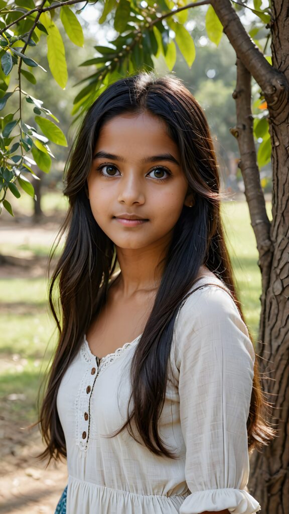 a young Indian teen girl stands in front of a tree and looks at the viewer, she has long straight soft hair and deep black eyes, ((stunning)) ((gorgeous)) ((detailed portrait))