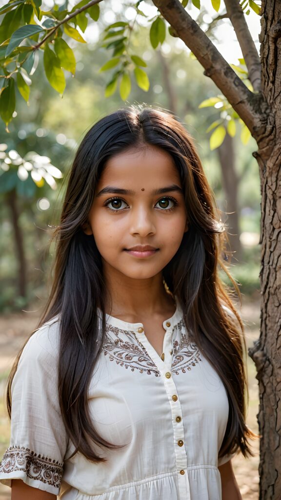 a young Indian teen girl stands in front of a tree and looks at the viewer, she has long straight soft hair and deep black eyes, ((stunning)) ((gorgeous)) ((detailed portrait))