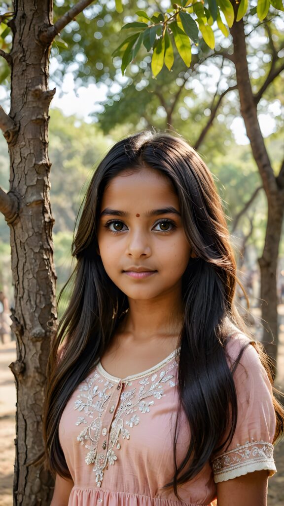 a young Indian teen girl stands in front of a tree and looks at the viewer, she has long straight soft hair and deep black eyes, ((stunning)) ((gorgeous)) ((detailed portrait))