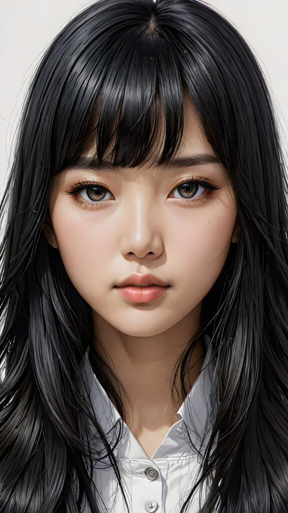 a young Korean teen girl, detailed close-up portrait, straight black long full hair, bangs cut, ((stunning)) ((gorgeous))