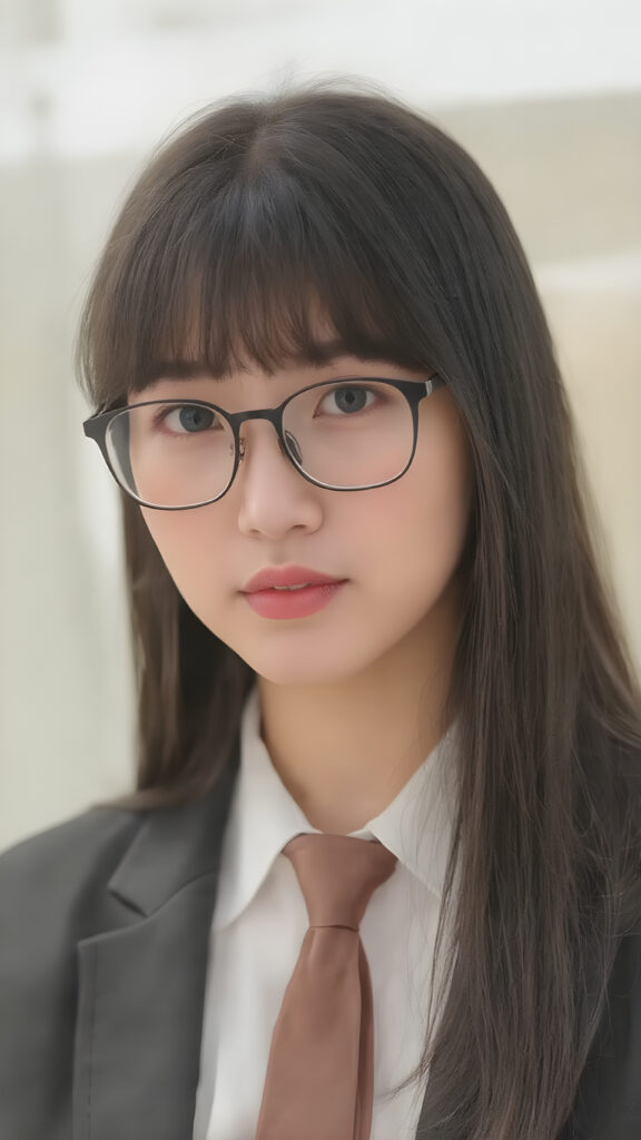 a young Korean woman in a business suit, including a white shirt, tie, long black straight hair, red full plump lips, black thin glasses