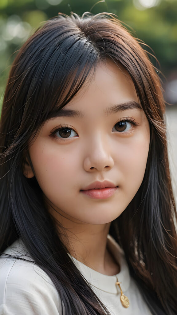 a young Korean teen girl, detailed close-up portrait, straight black long full hair, bangs cut, ((stunning)) ((gorgeous))