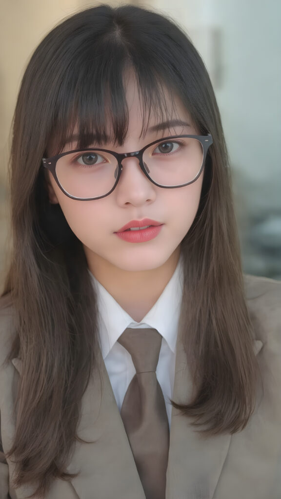 a young Korean woman in a business suit, including a white shirt, tie, long black straight hair, red full plump lips, black thin glasses