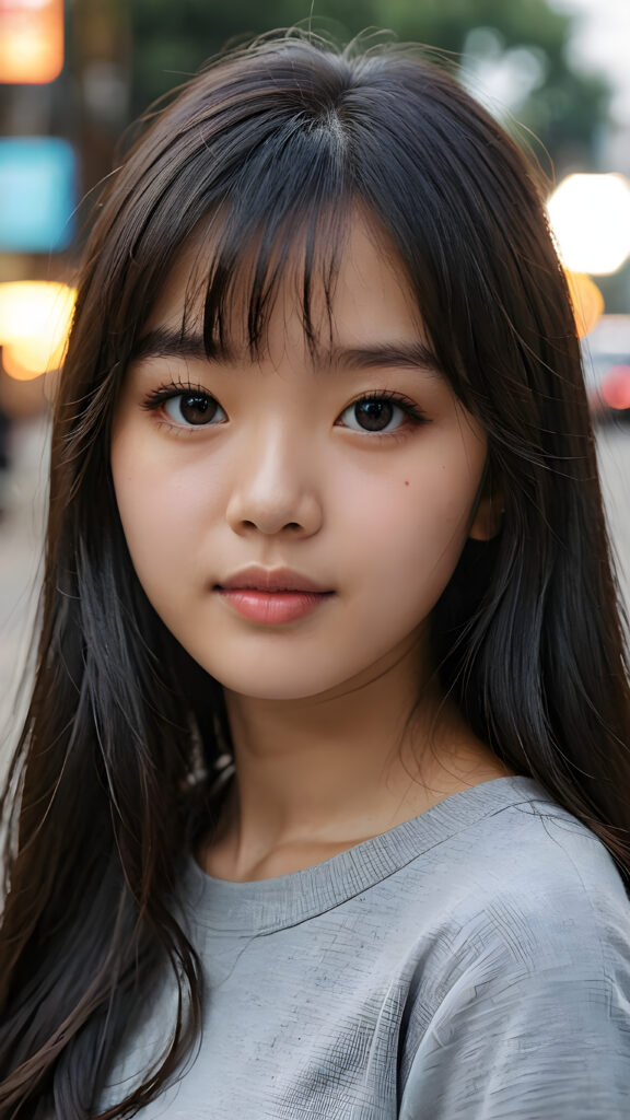 a young Korean teen girl, detailed close-up portrait, straight black long full hair, bangs cut, ((stunning)) ((gorgeous))