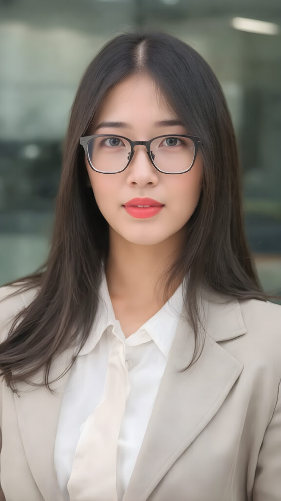 a young Korean woman in a business suit, including a white shirt, tie, long black straight hair, red full plump lips, black thin glasses