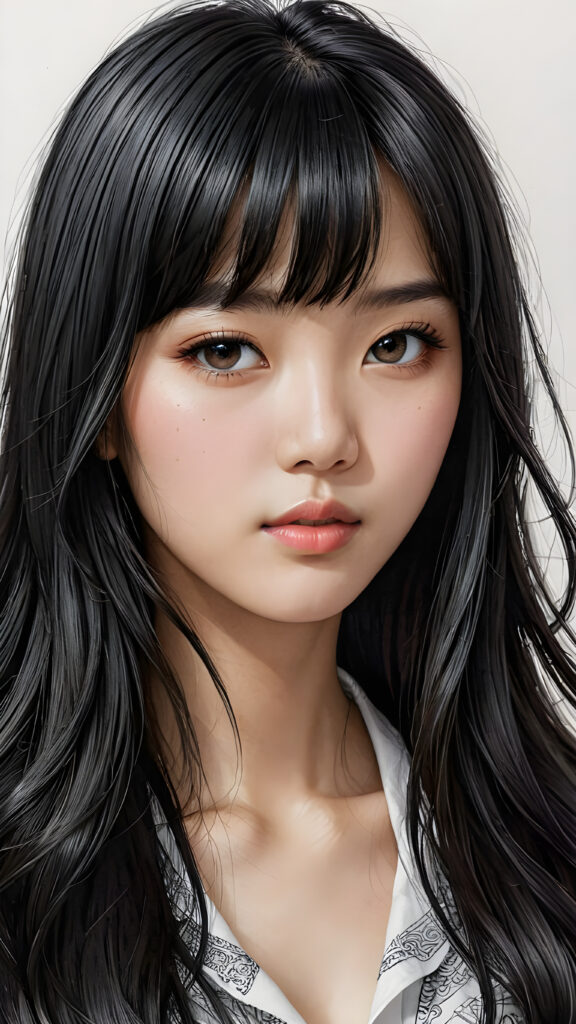 a young Korean teen girl, detailed close-up portrait, straight black long full hair, bangs cut, ((stunning)) ((gorgeous))