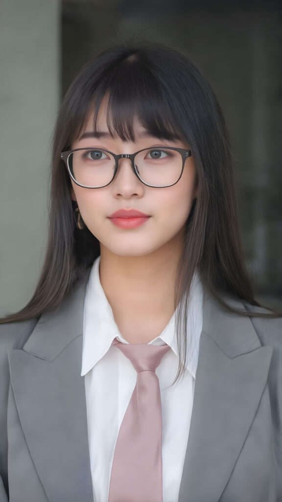 a young Korean woman in a business suit, including a white shirt, tie, long black straight hair, red full plump lips, black thin glasses