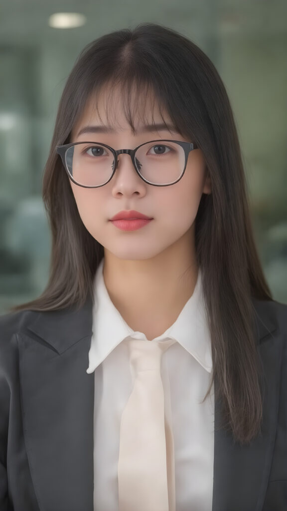 a young Korean woman in a business suit, including a white shirt, tie, long black straight hair, red full plump lips, black thin glasses