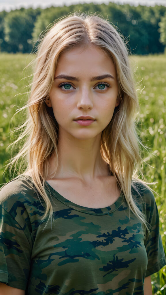 a young Ukrainian girl, plain t-shirt in camouflage, straight flowing light blonde soft detailed hair, blue eyes, looks sadly at the viewer, ((perfect detailed and ultra realistic photo)), she stand in a green meadow