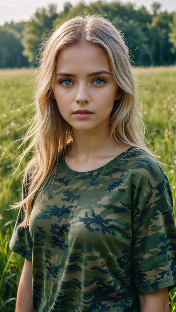 a young Ukrainian girl, plain t-shirt in camouflage, straight flowing light blonde soft detailed hair, blue eyes, looks sadly at the viewer, ((perfect detailed and ultra realistic photo)), she stand in a green meadow