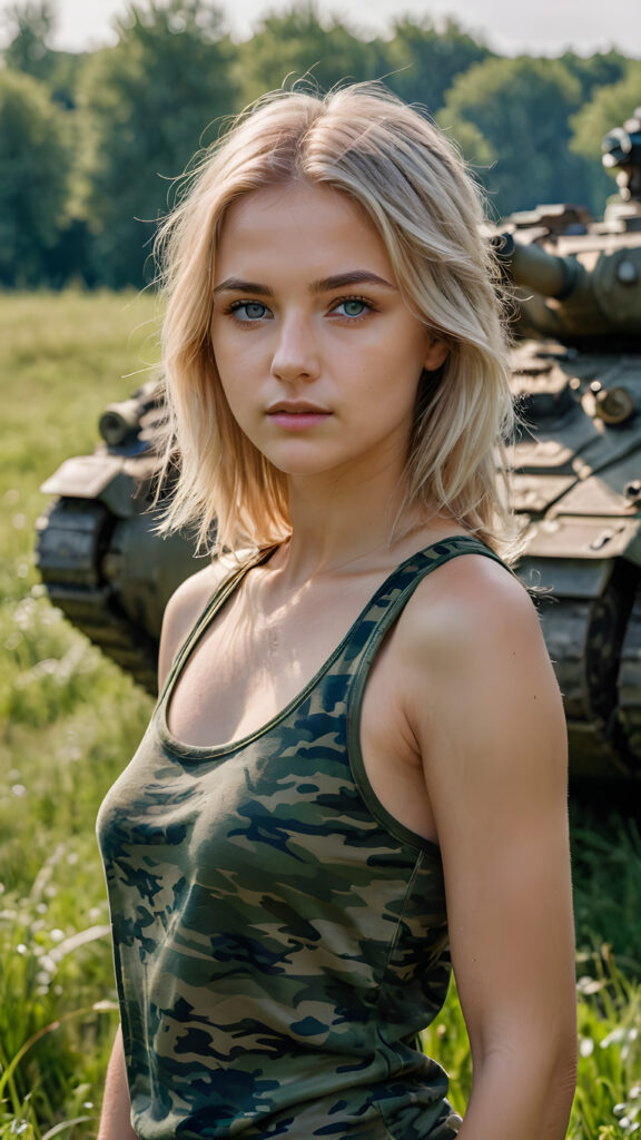 a young Ukrainian girl, plain t-shirt in camouflage, straight flowing light blonde soft detailed hair, blue eyes, looks sadly at the viewer, ((perfect detailed and ultra realistic photo)), she stand in a green meadow, ((tank in backdrop))