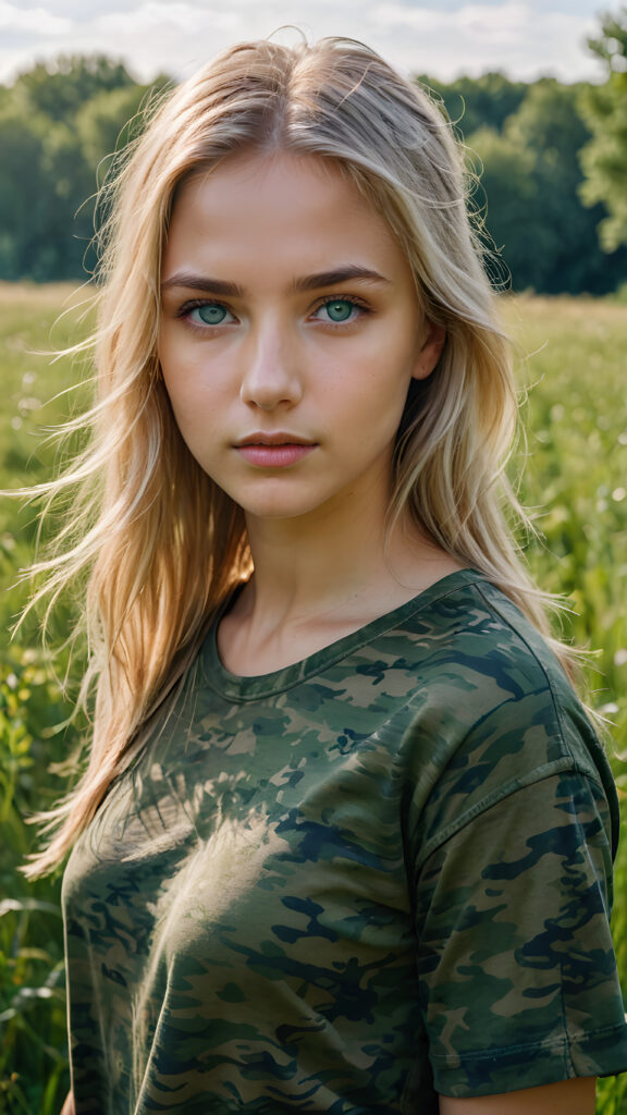 a young Ukrainian girl, plain t-shirt in camouflage, straight flowing light blonde soft detailed hair, blue eyes, looks sadly at the viewer, ((perfect detailed and ultra realistic photo)), she stand in a green meadow