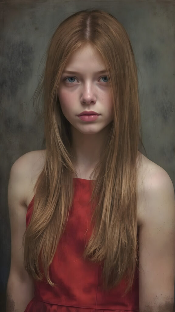 a young Victorian girl with straight ginger color very long slick-back soft hair, wearing a modern red silk dress.