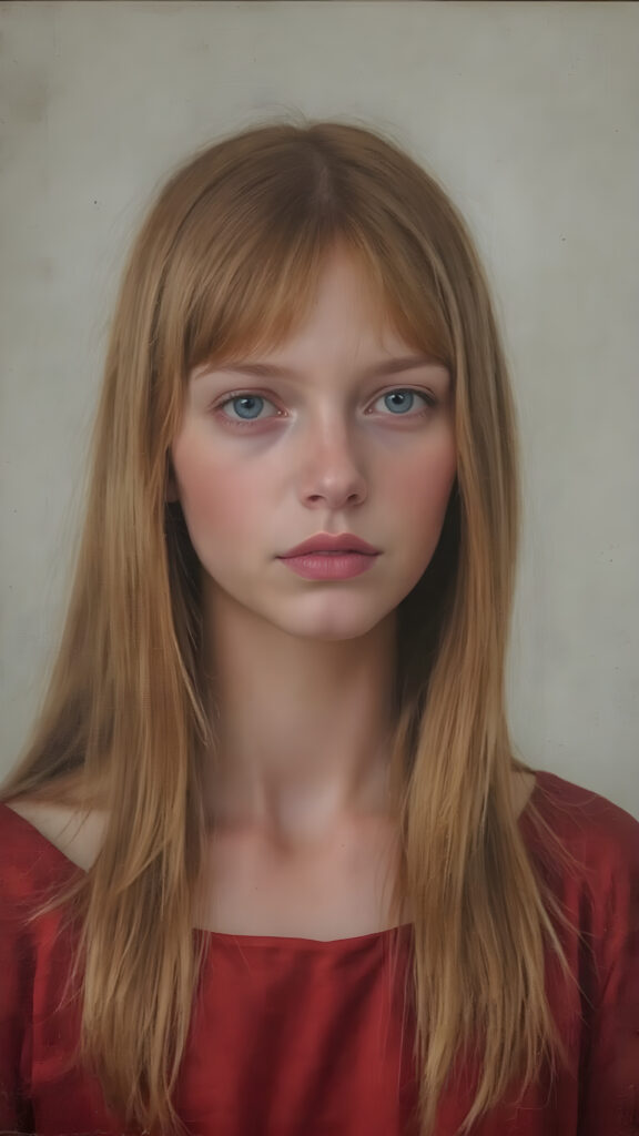 a young Victorian girl with straight ginger color very long slick-back soft hair, wearing a modern red silk dress.