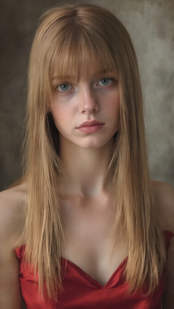 a young Victorian girl with straight ginger color very long slick-back soft hair, wearing a modern red silk dress.