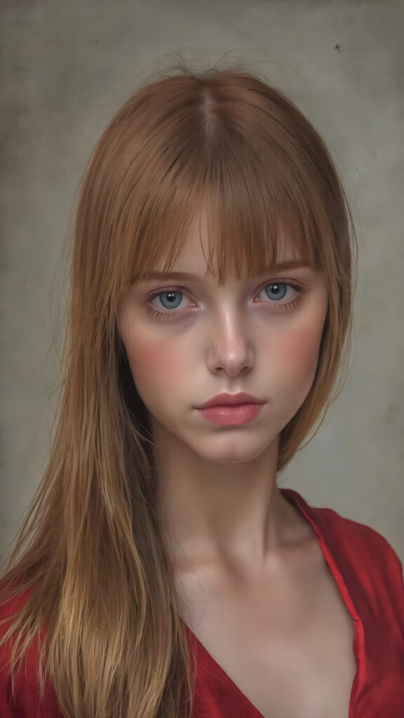 a young Victorian girl with straight ginger color very long slick-back soft hair, wearing a modern red silk dress.