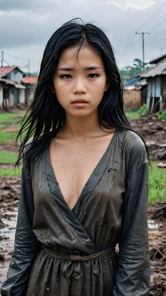 a young abandoned, sad, lonely, poor Vietnamese teen girl looks sadly at the viewer. She has disheveled long hair. She is hopeless. She is poor and scantily dressed. Stands alone in a field. She cries. She has a dirty face. It’s raining lightly. She is skinny. There are destroyed houses in the background, ((realistic, detailed photo)), 1960s Style