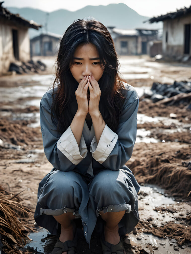 a young abandoned, sad, lonely, poor Korean teen girl looks sadly at the viewer. Crouches on the ground and covers his face with his hands. She has disheveled long hair. She is hopeless. She is poor and scantily dressed, alone in a battle field. She cries. She has a dirty face. It’s raining lightly. She is skinny. There are destroyed houses in the background, ((realistic, detailed photo)), view from the front