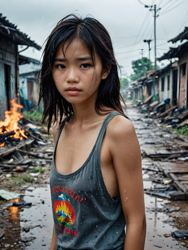 a young abandoned, sad, lonely, poor Vietnamese petite teen girl looks sadly at the viewer. She has disheveled long hair. She is hopeless. She is poor, thin and scantily dressed in a tattered tank top, stands alone. She cries. She has a dirty face. It's raining lightly. She is skinny. There are (destroyed and burning houses) in the background, ((realistic, detailed photo))