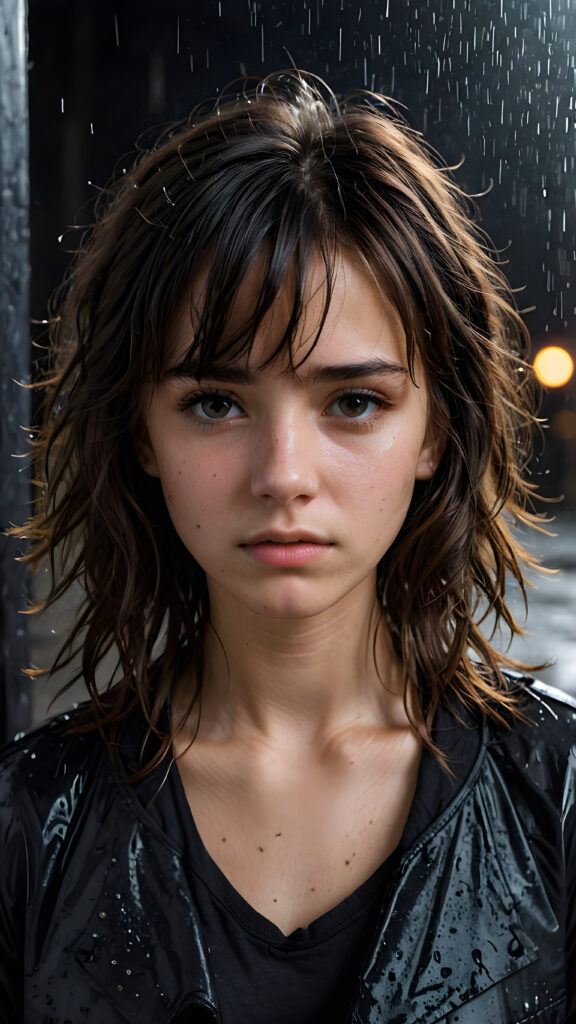 a young abandoned, sad, lonely, poor teen girl looks sadly at the viewer. She has disheveled shoulder-length messy hair, bangs that are parted to the side. She is hopeless. She is poor and scantily dressed in black. Stands alone. She cries. She has a dirty face. It’s raining lightly. She is skinny, ((realistic, detailed photo)) ((black background))