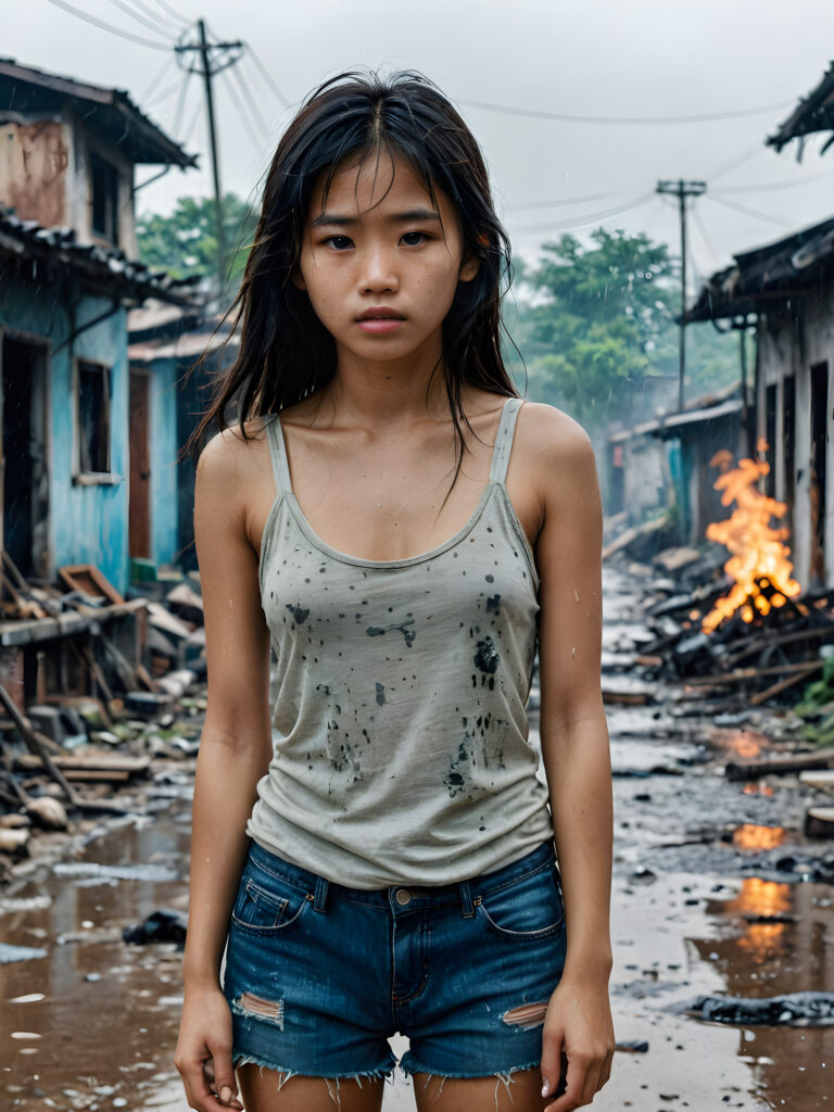 a young abandoned, sad, lonely, poor Vietnamese petite teen girl looks sadly at the viewer. She has disheveled long hair. She is hopeless. She is poor, thin and scantily dressed in a tattered tank top, stands alone. She cries. She has a dirty face. It's raining lightly. She is skinny. There are (destroyed and burning houses) in the background, ((realistic, detailed photo))