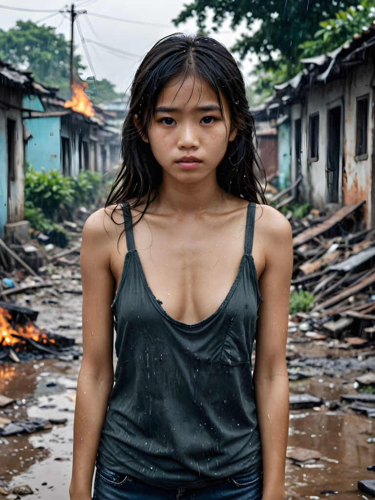 a young abandoned, sad, lonely, poor Vietnamese petite teen girl looks sadly at the viewer. She has disheveled long hair. She is hopeless. She is poor, thin and scantily dressed in a tattered tank top, stands alone. She cries. She has a dirty face. It's raining lightly. She is skinny. There are (destroyed and burning houses) in the background, ((realistic, detailed photo))