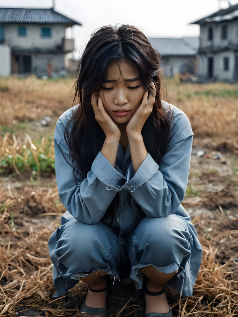 a young abandoned, sad, lonely, poor Korean teen girl looks sadly at the viewer. Crouches on the ground and covers his face with his hands. She has disheveled long hair. She is hopeless. She is poor and scantily dressed, alone in a battle field. She cries. She has a dirty face. It’s raining lightly. She is skinny. There are destroyed houses in the background, ((realistic, detailed photo)), view from the front