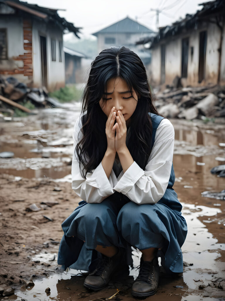 a young abandoned, sad, lonely, poor Korean teen girl looks sadly at the viewer. Crouches on the ground and covers his face with his hands. She has disheveled long hair. She is hopeless. She is poor and scantily dressed, alone in a battle field. She cries. She has a dirty face. It’s raining lightly. She is skinny. There are destroyed houses in the background, ((realistic, detailed photo)), view from the front