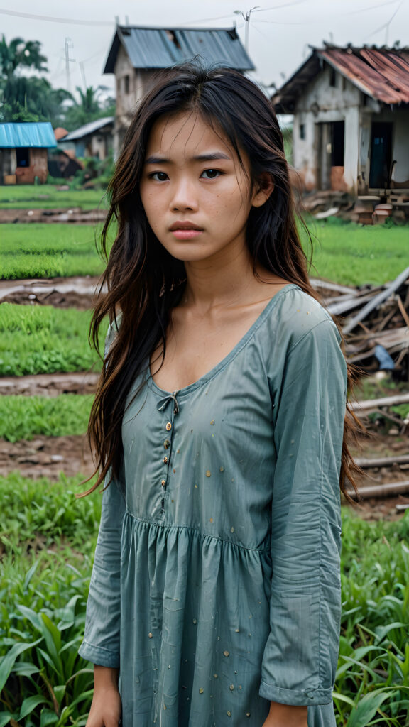 a young abandoned, sad, lonely, poor Vietnamese teen girl looks sadly at the viewer. She has disheveled long hair. She is hopeless. She is poor and scantily tattered dressed. Stands alone in a field. She cries. She has a dirty face. It's raining lightly. She is skinny. There are destroyed houses in the background, ((realistic, detailed photo))