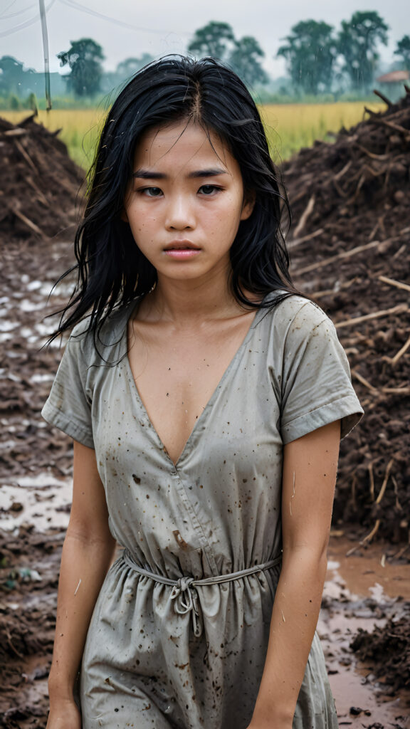 a young abandoned, sad, lonely, poor Vietnamese teen girl looks sadly at the viewer. She has disheveled long hair. She is hopeless. She is poor and scantily dressed. Stands alone in a field. She cries. She has a dirty face. It’s raining lightly. She is skinny. There are destroyed houses in the background, ((realistic, detailed photo)), 1960s Style