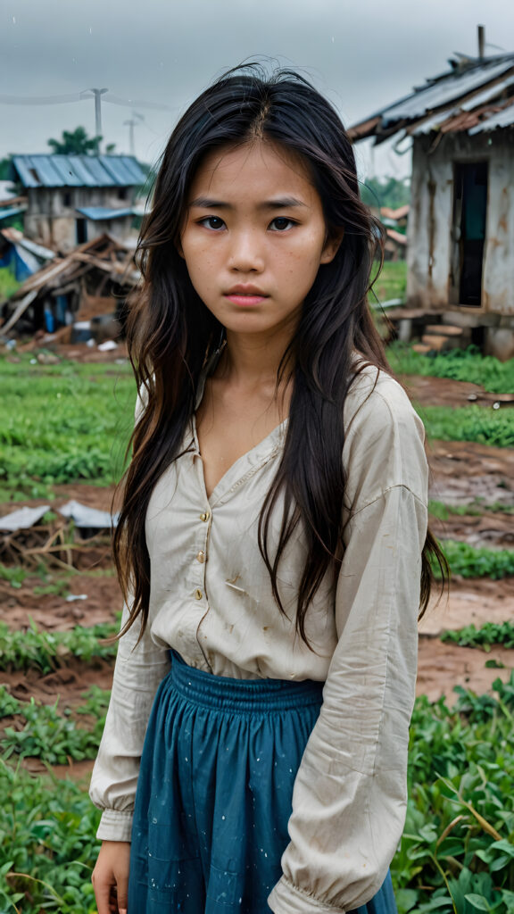 a young abandoned, sad, lonely, poor Vietnamese teen girl looks sadly at the viewer. She has disheveled long hair. She is hopeless. She is poor and scantily tattered dressed. Stands alone in a field. She cries. She has a dirty face. It's raining lightly. She is skinny. There are destroyed houses in the background, ((realistic, detailed photo))