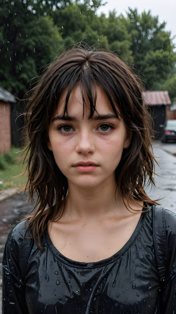 a young abandoned, sad, lonely, poor teen girl looks sadly at the viewer. She has disheveled shoulder-length messy hair, bangs that are parted to the side. She is hopeless. She is poor and scantily dressed in black. Stands alone. She cries. She has a dirty face. It’s raining lightly. She is skinny, ((realistic, detailed photo)) ((black background))