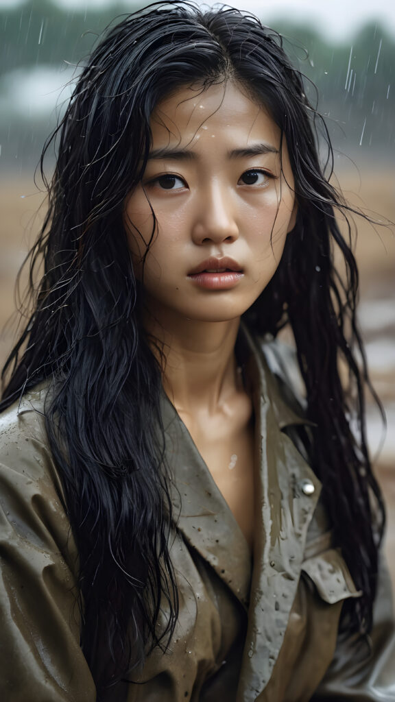 a young abandoned, sad, lonely, poor Korean teen girl in the 1951s, looks sadly at the viewer, she has disheveled long wet hair. She is hopeless. She is poor and scantily dressed, alone in a battle field. She cries. She has a dirty face. It’s raining lightly. She is skinny. ((realistic, detailed photo)), view from the side