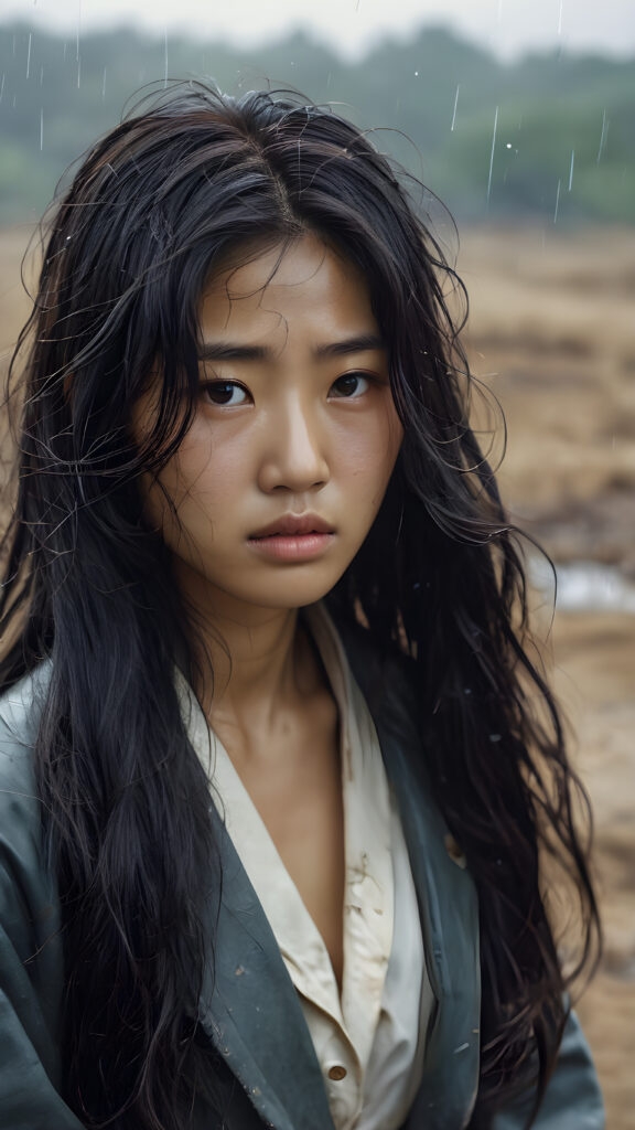 a young abandoned, sad, lonely, poor Korean teen girl in the 1951s, looks sadly at the viewer, she has disheveled long wet hair. She is hopeless. She is poor and scantily dressed, alone in a battle field. She cries. She has a dirty face. It’s raining lightly. She is skinny. ((realistic, detailed photo)), view from the side