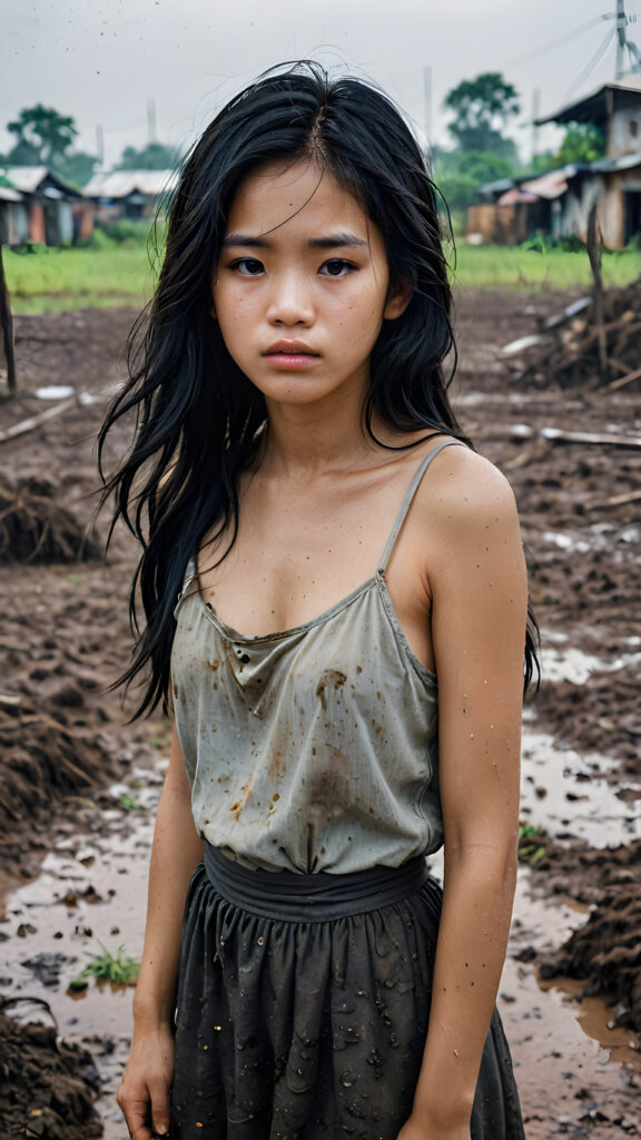 a young abandoned, sad, lonely, poor Vietnamese teen girl looks sadly at the viewer. She has disheveled long hair. She is hopeless. She is poor and scantily dressed. Stands alone in a field. She cries. She has a dirty face. It’s raining lightly. She is skinny. There are destroyed houses in the background, ((realistic, detailed photo)), 1960s Style