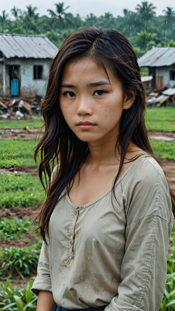 a young abandoned, sad, lonely, poor Vietnamese teen girl looks sadly at the viewer. She has disheveled long hair. She is hopeless. She is poor and scantily dressed. Stands alone in a field. She cries. She has a dirty face. It’s raining lightly. She is skinny. There are destroyed houses in the background, ((realistic, detailed photo)), 1960s Style