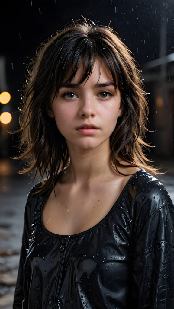 a young abandoned, sad, lonely, poor teen girl looks sadly at the viewer. She has disheveled shoulder-length messy hair, bangs that are parted to the side. She is hopeless. She is poor and scantily dressed in black. Stands alone. She cries. She has a dirty face. It’s raining lightly. She is skinny, ((realistic, detailed photo)) ((black background))