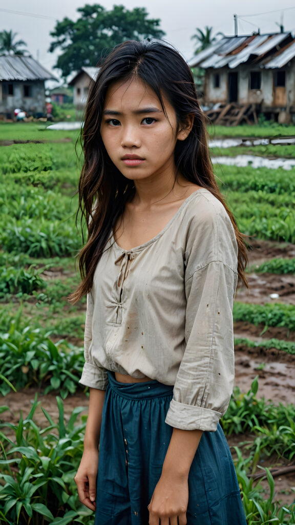 a young abandoned, sad, lonely, poor Vietnamese teen girl looks sadly at the viewer. She has disheveled long hair. She is hopeless. She is poor and scantily tattered dressed. Stands alone in a field. She cries. She has a dirty face. It's raining lightly. She is skinny. There are destroyed houses in the background, ((realistic, detailed photo))