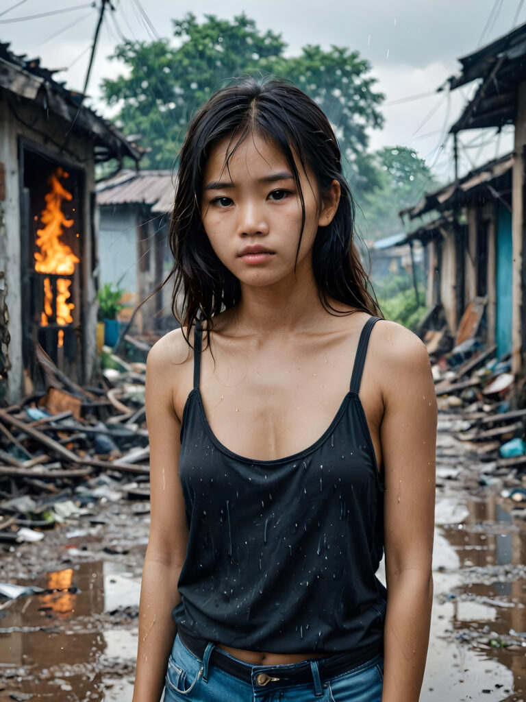 a young abandoned, sad, lonely, poor Vietnamese petite teen girl looks sadly at the viewer. She has disheveled long hair. She is hopeless. She is poor, thin and scantily dressed in a tattered tank top, stands alone. She cries. She has a dirty face. It's raining lightly. She is skinny. There are (destroyed and burning houses) in the background, ((realistic, detailed photo))